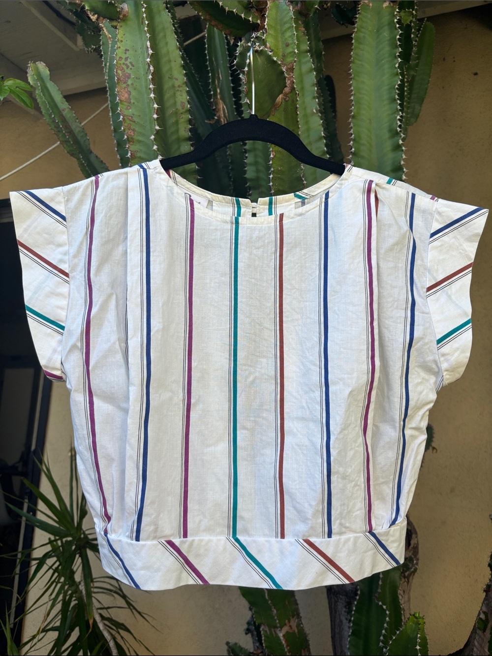 Vintage Byer Muscle Cap-Sleeve Cotton Crop Top in White with Multicolor Stripes